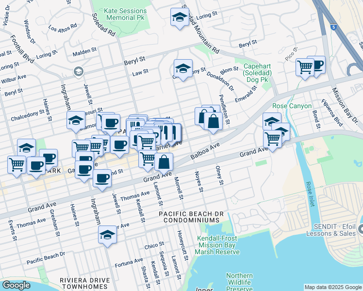 map of restaurants, bars, coffee shops, grocery stores, and more near 2050 Garnet Avenue in San Diego