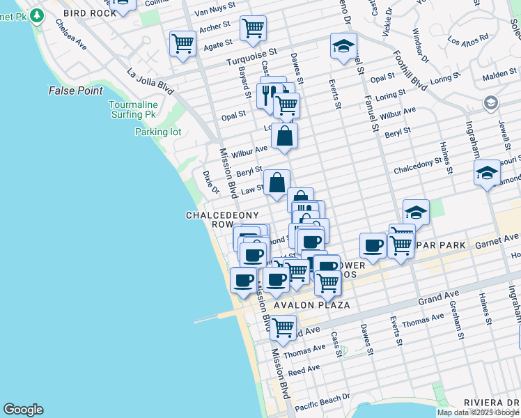 map of restaurants, bars, coffee shops, grocery stores, and more near 4815 Bayard Street in San Diego
