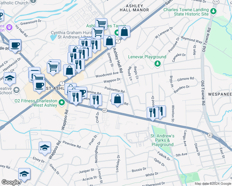 map of restaurants, bars, coffee shops, grocery stores, and more near 1528 Poinsettia Road in Charleston