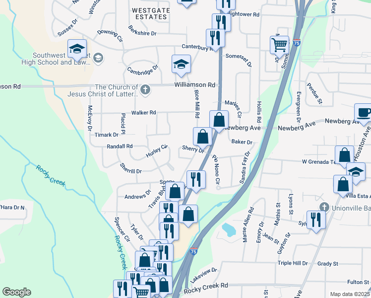 map of restaurants, bars, coffee shops, grocery stores, and more near 3361 Rice Mill Road in Macon