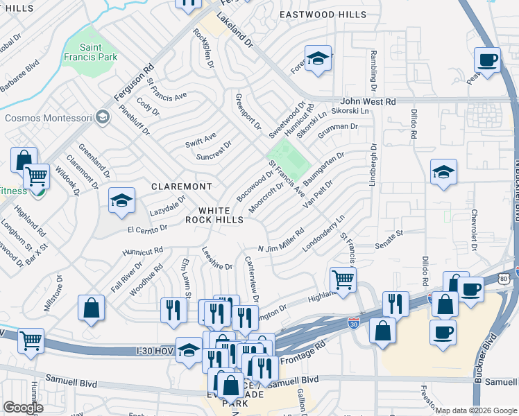 map of restaurants, bars, coffee shops, grocery stores, and more near 8342 Bocowood Drive in Dallas