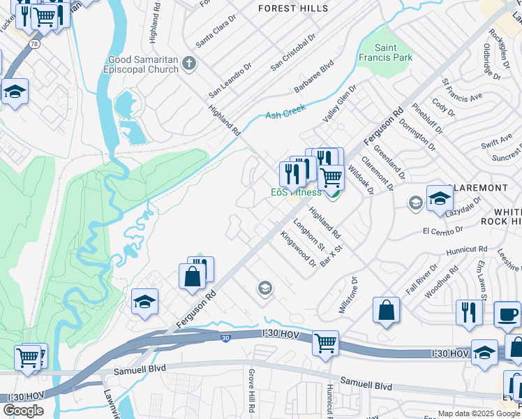 map of restaurants, bars, coffee shops, grocery stores, and more near 7817 Villa Cliff Drive in Dallas