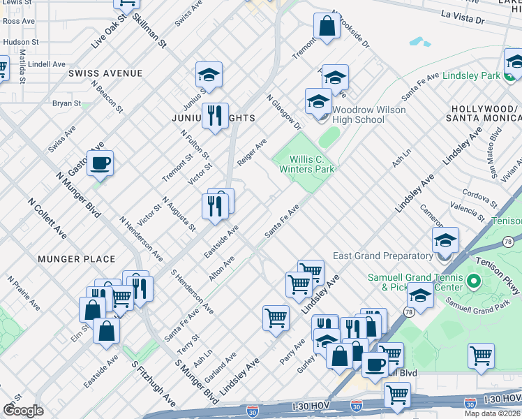 map of restaurants, bars, coffee shops, grocery stores, and more near 5644 Columbia Avenue in Dallas