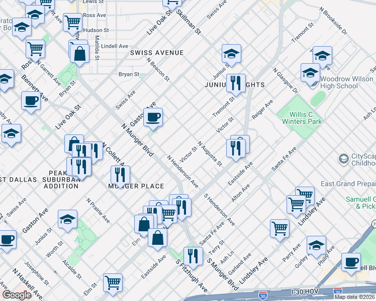 map of restaurants, bars, coffee shops, grocery stores, and more near 5503 Tremont Street in Dallas