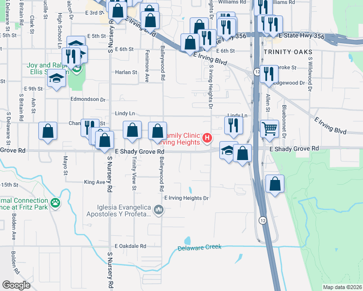 map of restaurants, bars, coffee shops, grocery stores, and more near 1432 Chamberlain Street in Irving