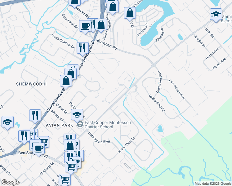 map of restaurants, bars, coffee shops, grocery stores, and more near 1265 Llewellyn Road in Mount Pleasant