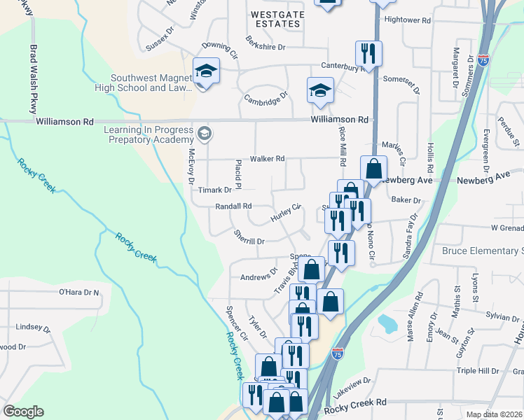 map of restaurants, bars, coffee shops, grocery stores, and more near 1625 Randall Road in Macon