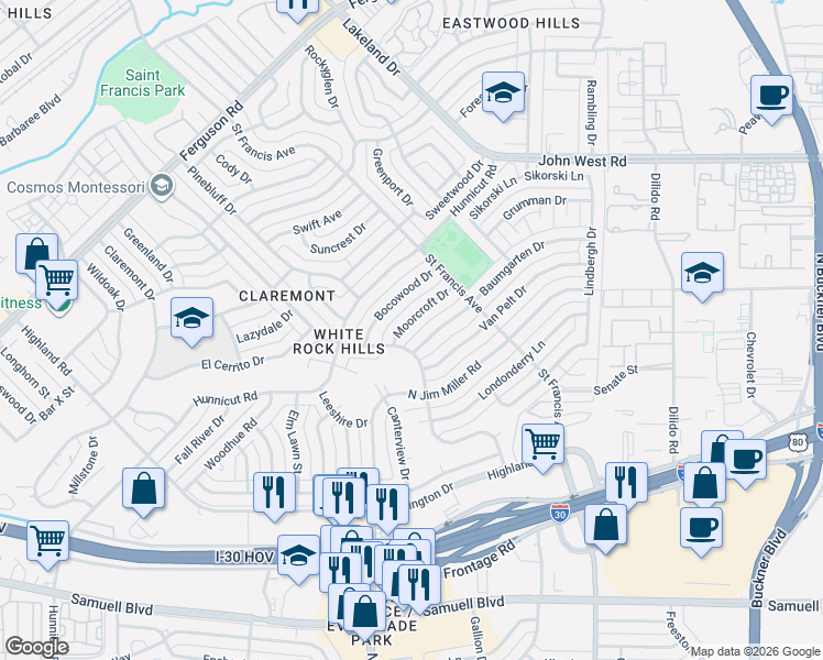 map of restaurants, bars, coffee shops, grocery stores, and more near 8342 Bocowood Drive in Dallas