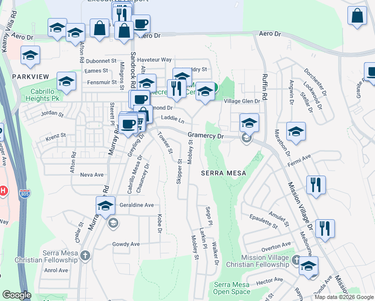 map of restaurants, bars, coffee shops, grocery stores, and more near 3228 Mobley Street in San Diego