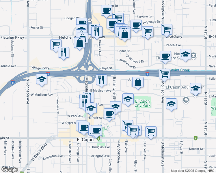 map of restaurants, bars, coffee shops, grocery stores, and more near 542 Ballantyne Street in El Cajon