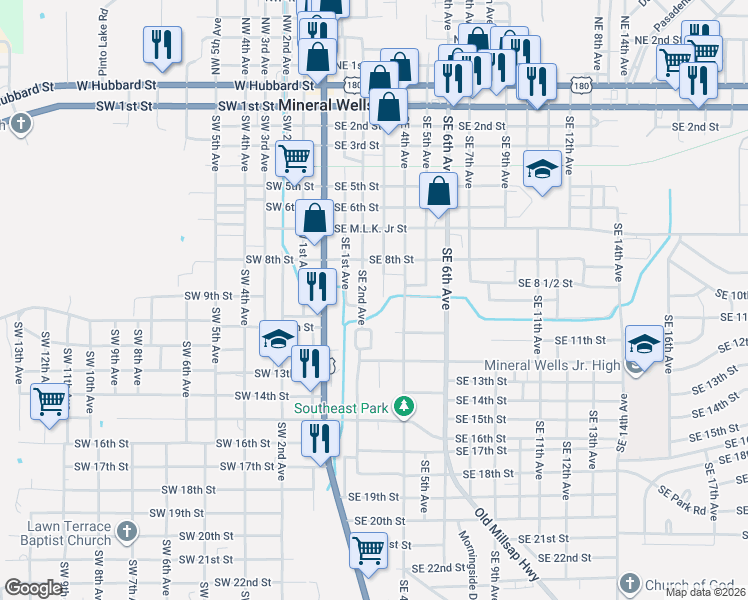 map of restaurants, bars, coffee shops, grocery stores, and more near 1004 Southeast 3rd Avenue in Mineral Wells