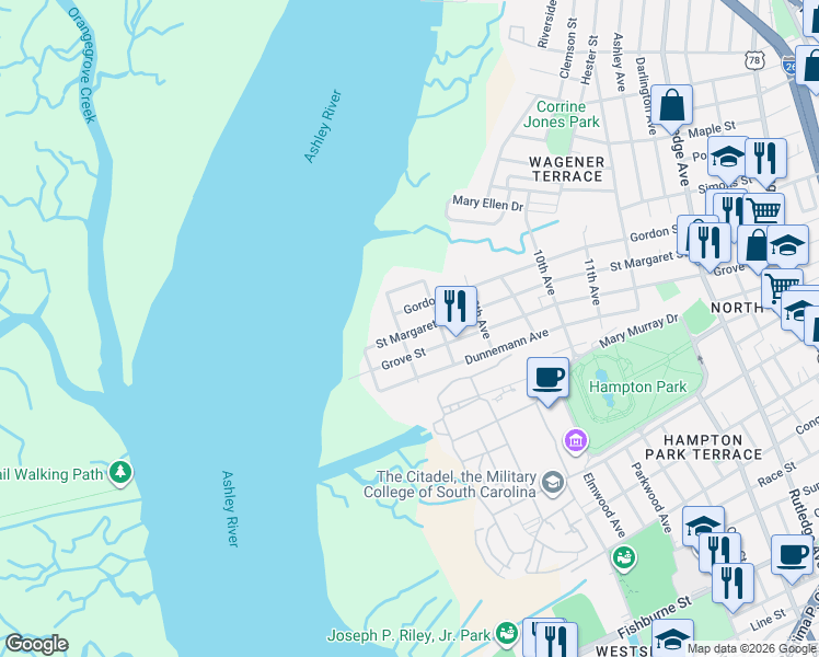 map of restaurants, bars, coffee shops, grocery stores, and more near 237 Gordon Street in Charleston