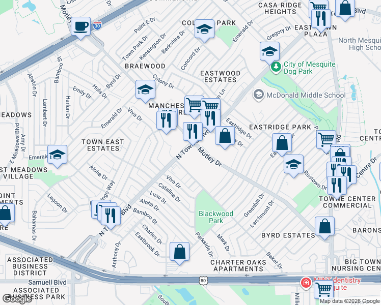 map of restaurants, bars, coffee shops, grocery stores, and more near 2801 Motley Drive in Mesquite