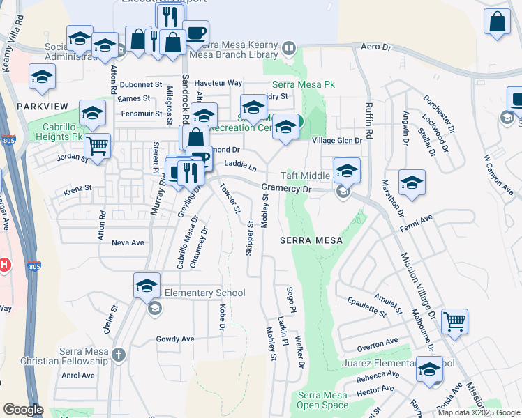 map of restaurants, bars, coffee shops, grocery stores, and more near 3228 Mobley Street in San Diego
