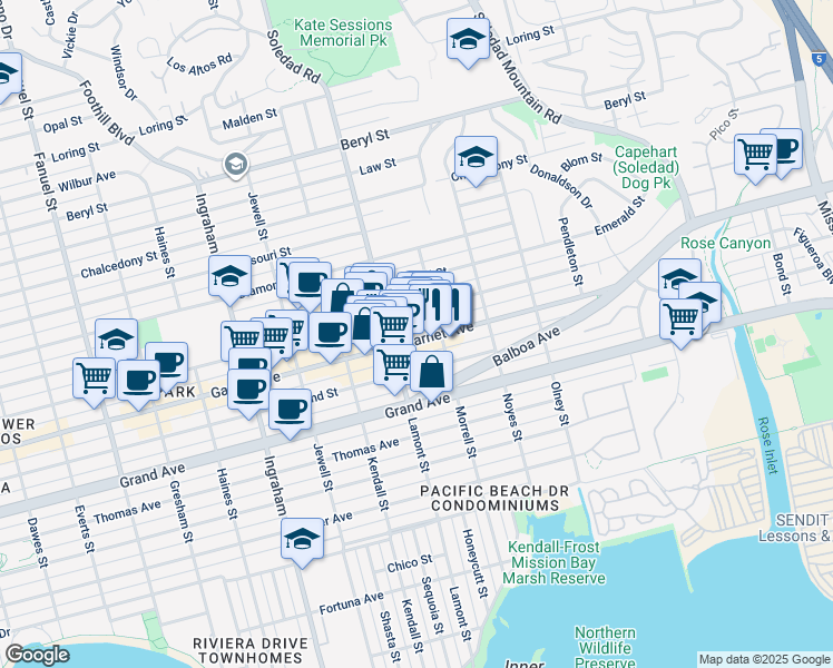 map of restaurants, bars, coffee shops, grocery stores, and more near 4526 Morrell Street in San Diego
