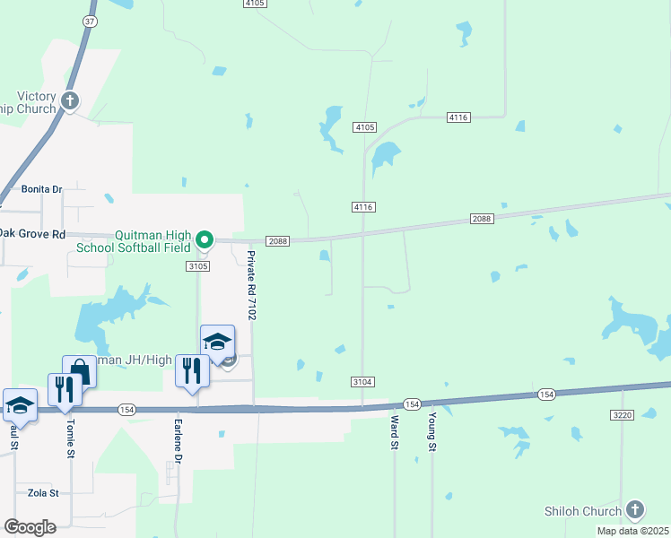 map of restaurants, bars, coffee shops, grocery stores, and more near Farm to Market 2088 in Quitman