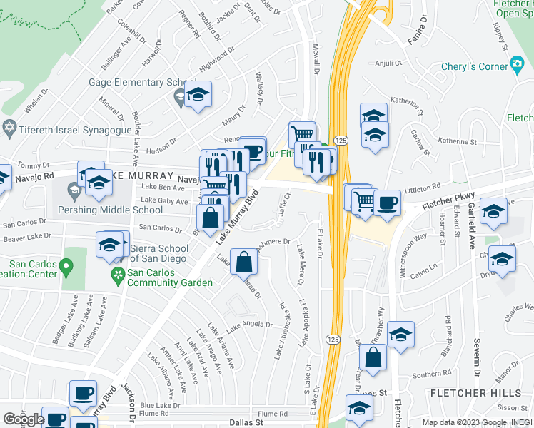 map of restaurants, bars, coffee shops, grocery stores, and more near 8717 Navajo Road in San Diego