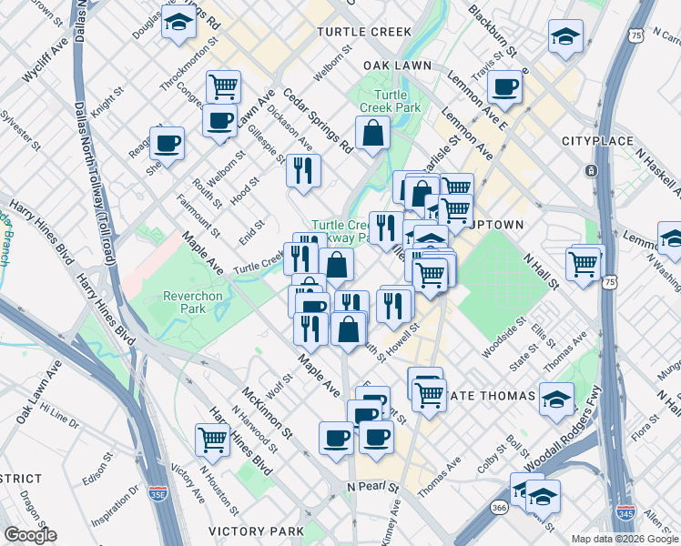 map of restaurants, bars, coffee shops, grocery stores, and more near 2728 Cedar Springs Road in Dallas