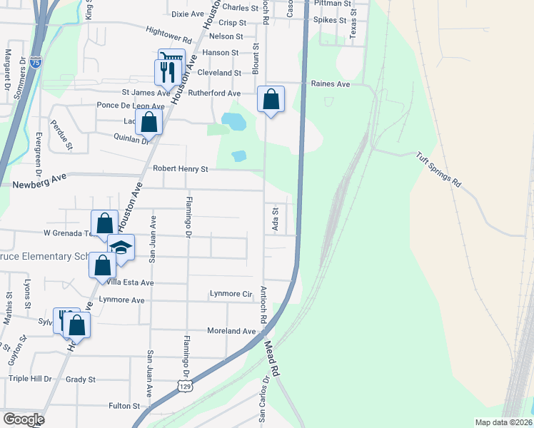 map of restaurants, bars, coffee shops, grocery stores, and more near 3325 Antioch Road in Macon