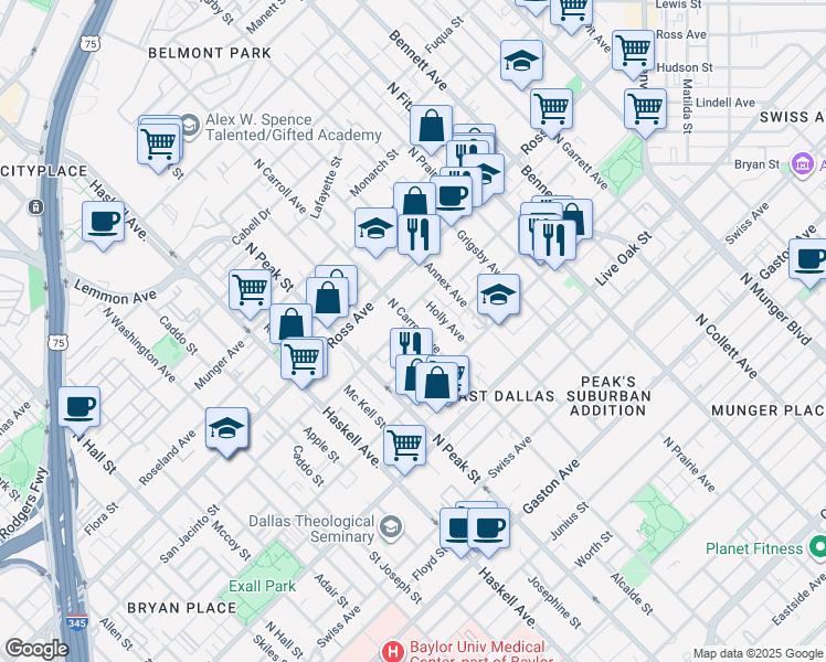 map of restaurants, bars, coffee shops, grocery stores, and more near 1519 Holly Avenue in Dallas