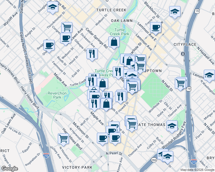 map of restaurants, bars, coffee shops, grocery stores, and more near 2728 Cedar Springs Road in Dallas