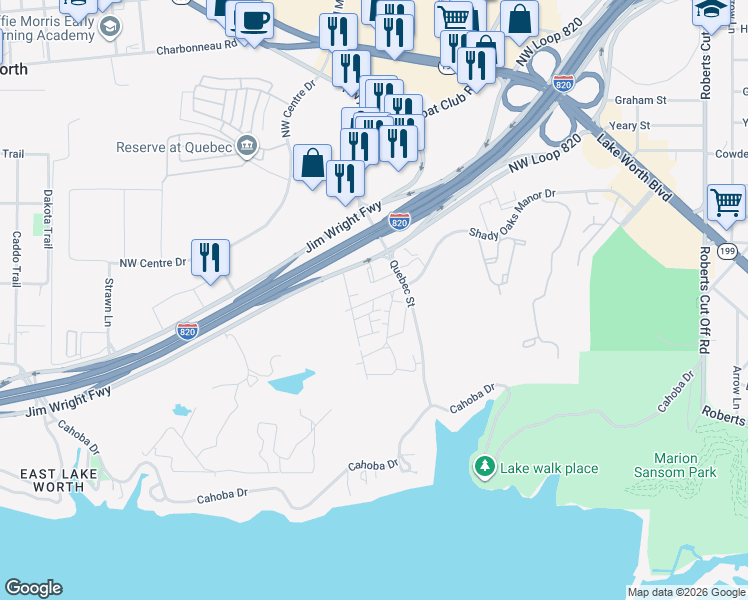 map of restaurants, bars, coffee shops, grocery stores, and more near 6681 Shady Oaks Manor Drive in Fort Worth