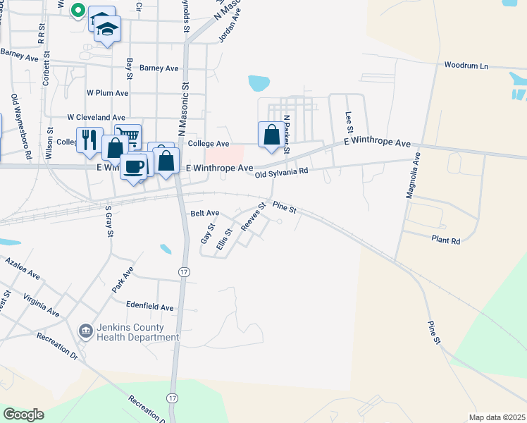 map of restaurants, bars, coffee shops, grocery stores, and more near 1107 A Street in Millen