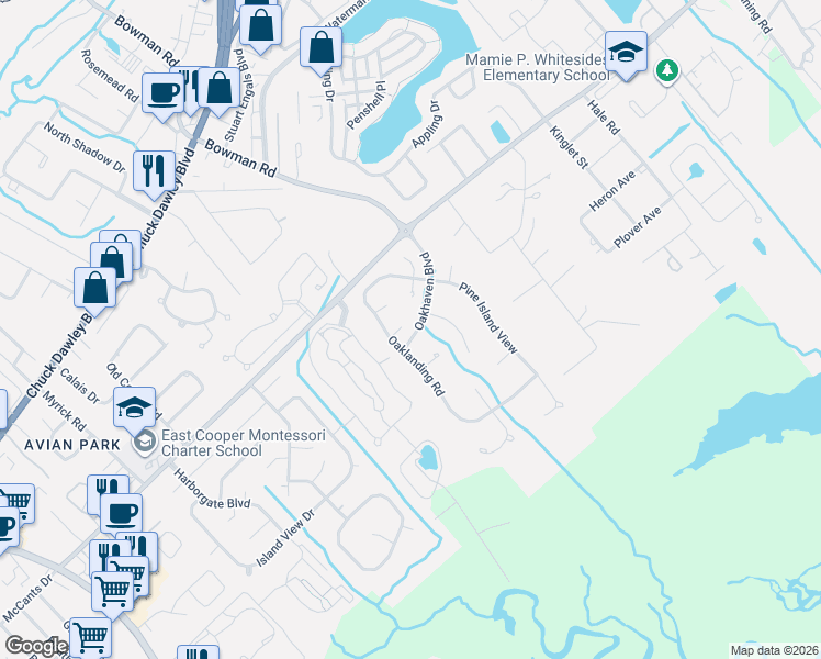 map of restaurants, bars, coffee shops, grocery stores, and more near 1414 Inland Creek Way in Mount Pleasant