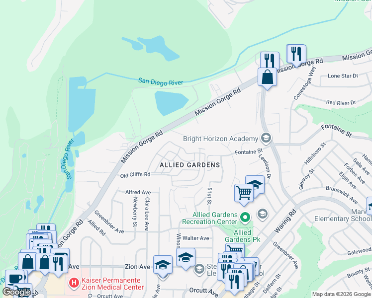 map of restaurants, bars, coffee shops, grocery stores, and more near 4812 Old Cliffs Road in San Diego