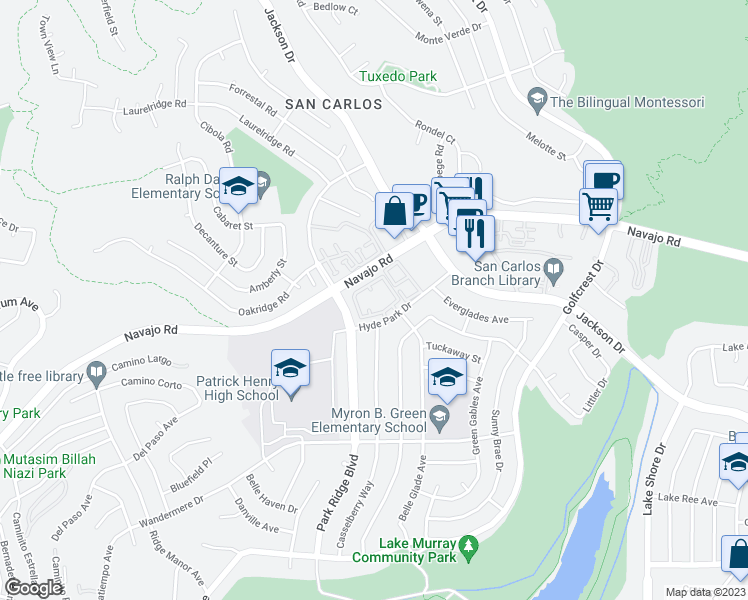 map of restaurants, bars, coffee shops, grocery stores, and more near 6868 Hyde Park Drive in San Diego