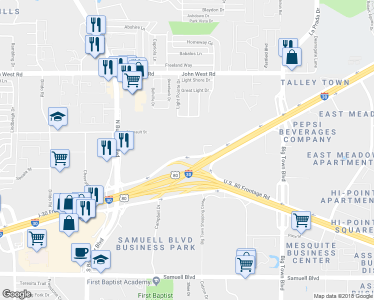 map of restaurants, bars, coffee shops, grocery stores, and more near 9743 East R L Thornton Freeway in Dallas