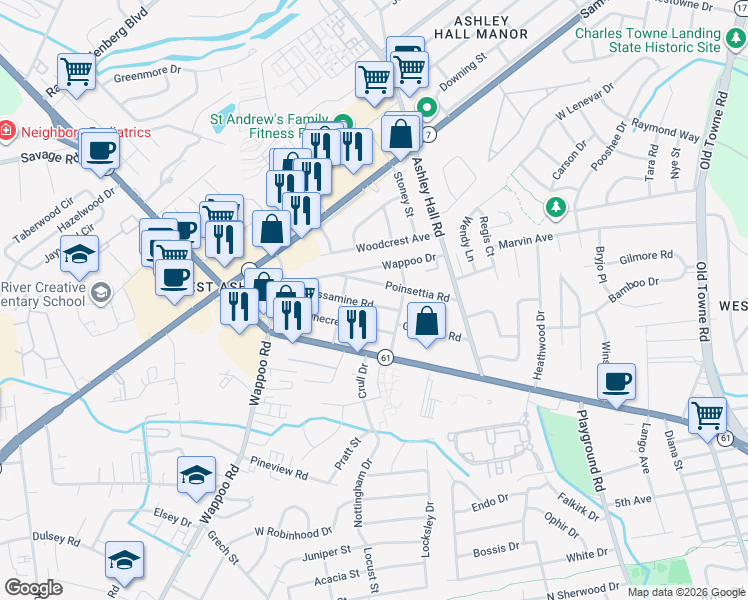 map of restaurants, bars, coffee shops, grocery stores, and more near 1618 Jessamine Road in Charleston