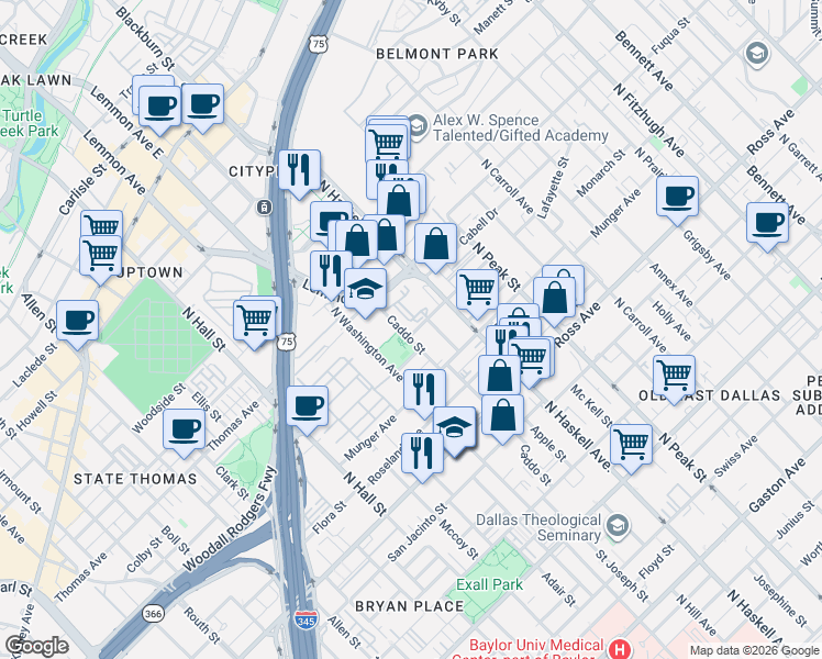 map of restaurants, bars, coffee shops, grocery stores, and more near 2014 Lucille Street in Dallas