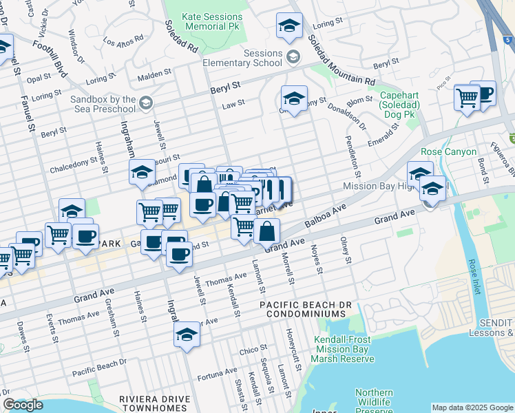 map of restaurants, bars, coffee shops, grocery stores, and more near 1940 Garnet Avenue in San Diego