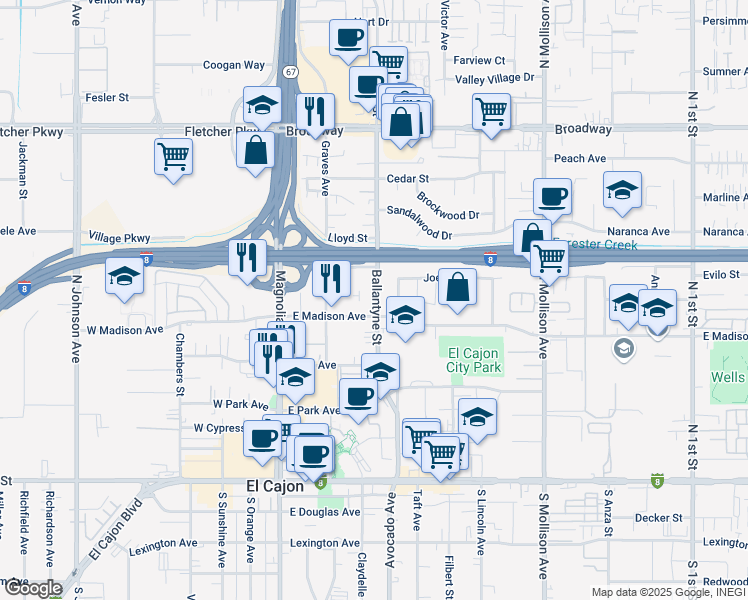 map of restaurants, bars, coffee shops, grocery stores, and more near 567 Ballantyne Street in El Cajon