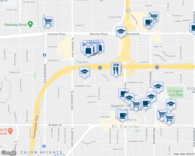 map of restaurants, bars, coffee shops, grocery stores, and more near 599 Chambers Street in El Cajon