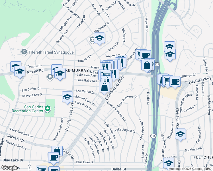 map of restaurants, bars, coffee shops, grocery stores, and more near 8964 Lake Murray Boulevard in San Diego