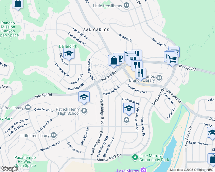 map of restaurants, bars, coffee shops, grocery stores, and more near 6868 Hyde Park Drive in San Diego