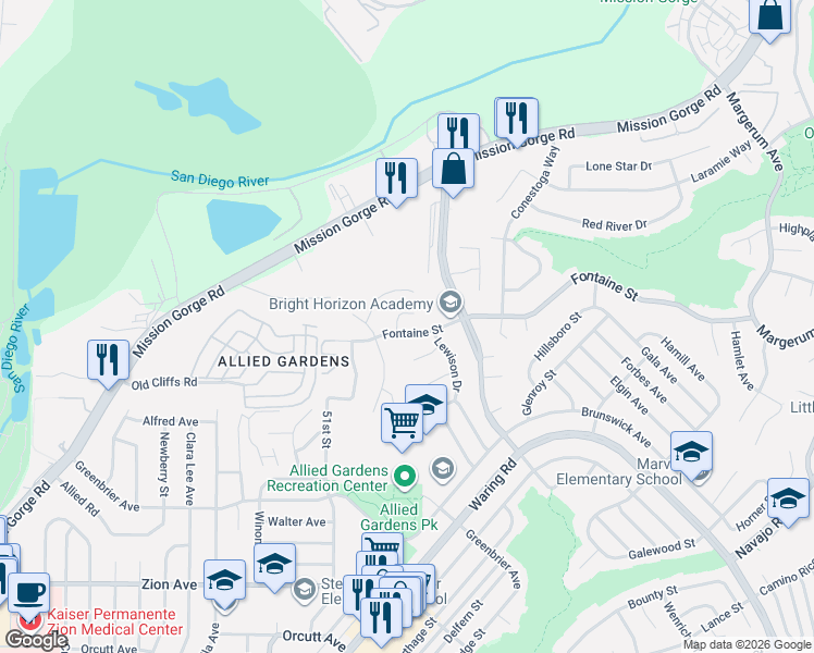 map of restaurants, bars, coffee shops, grocery stores, and more near 7134 Romford Court in San Diego