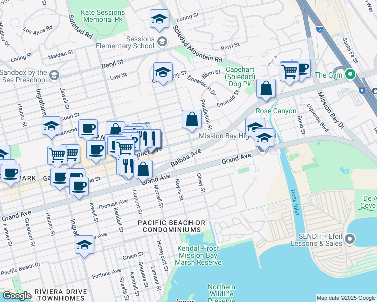 map of restaurants, bars, coffee shops, grocery stores, and more near 2207 Garnet Avenue in San Diego
