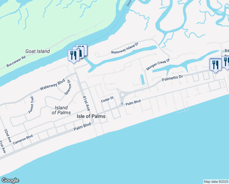 map of restaurants, bars, coffee shops, grocery stores, and more near 1 Morgan's Cove Drive in Isle of Palms
