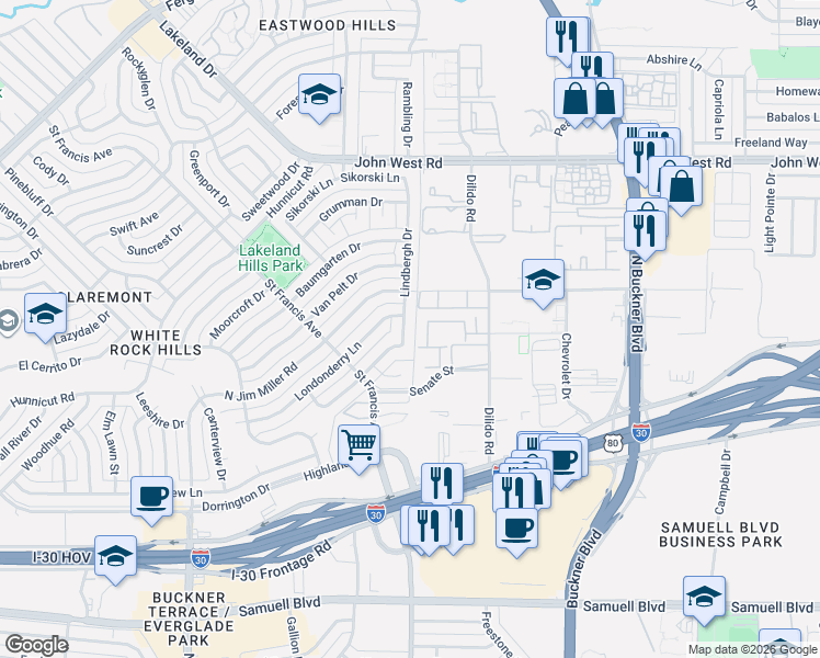 map of restaurants, bars, coffee shops, grocery stores, and more near 3108 Lindbergh Drive in Dallas
