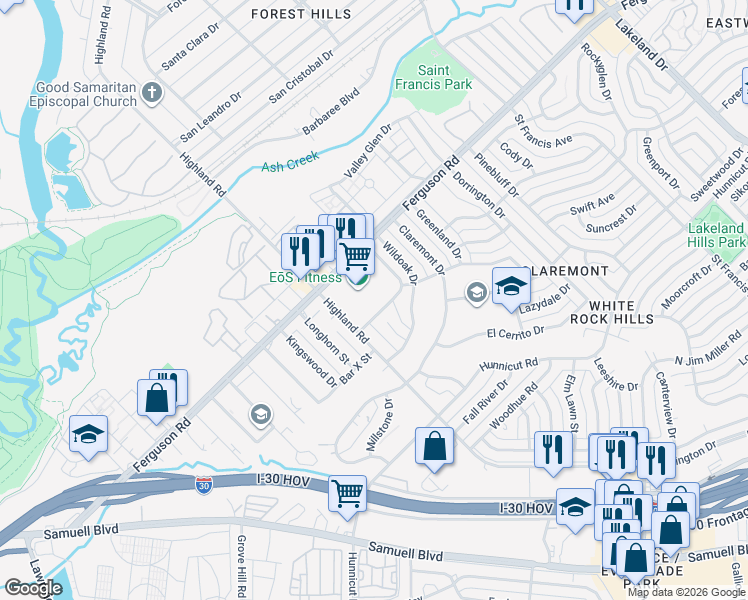 map of restaurants, bars, coffee shops, grocery stores, and more near 2359 Highland Road in Dallas