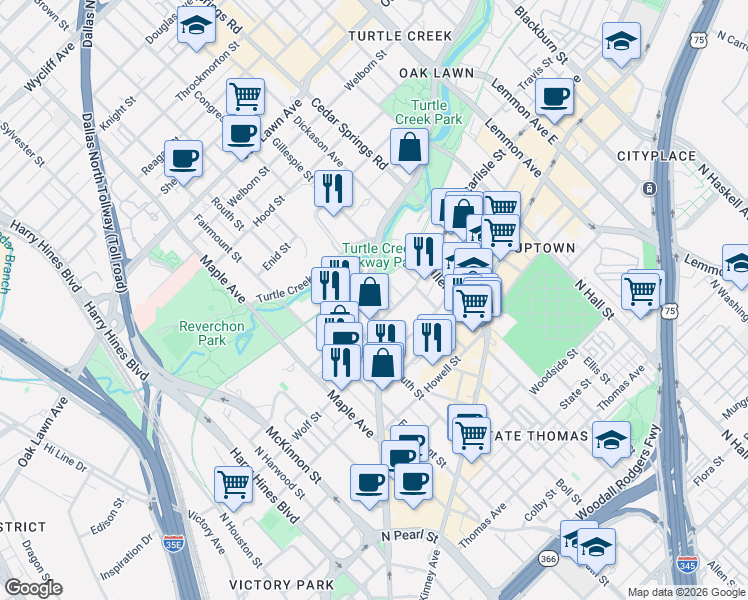 map of restaurants, bars, coffee shops, grocery stores, and more near 2728 Cedar Springs Road in Dallas
