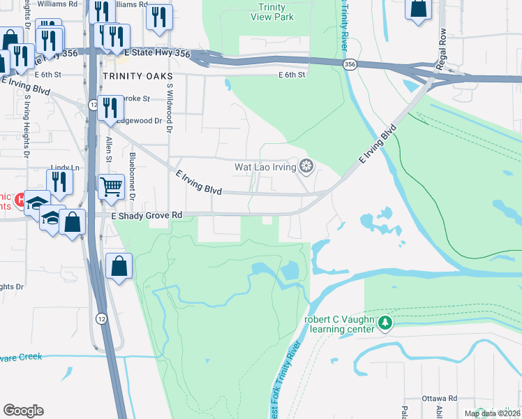 map of restaurants, bars, coffee shops, grocery stores, and more near 2061 East Irving Boulevard in Irving