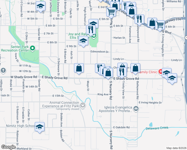 map of restaurants, bars, coffee shops, grocery stores, and more near 805 East Shady Grove Road in Irving