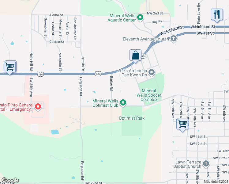 map of restaurants, bars, coffee shops, grocery stores, and more near 500 Barker Road in Mineral Wells