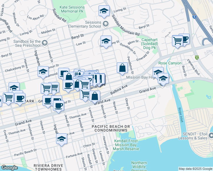 map of restaurants, bars, coffee shops, grocery stores, and more near 2061 Garnet Avenue in San Diego