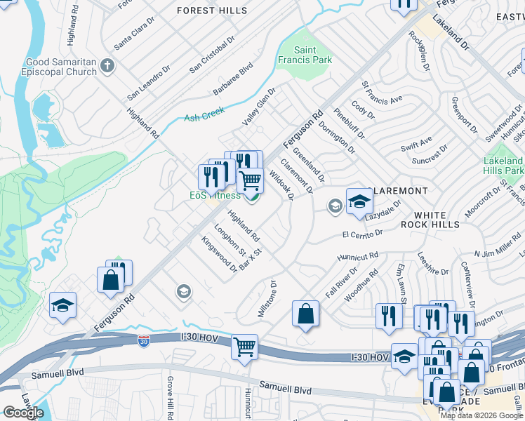 map of restaurants, bars, coffee shops, grocery stores, and more near 2359 Highland Road in Dallas