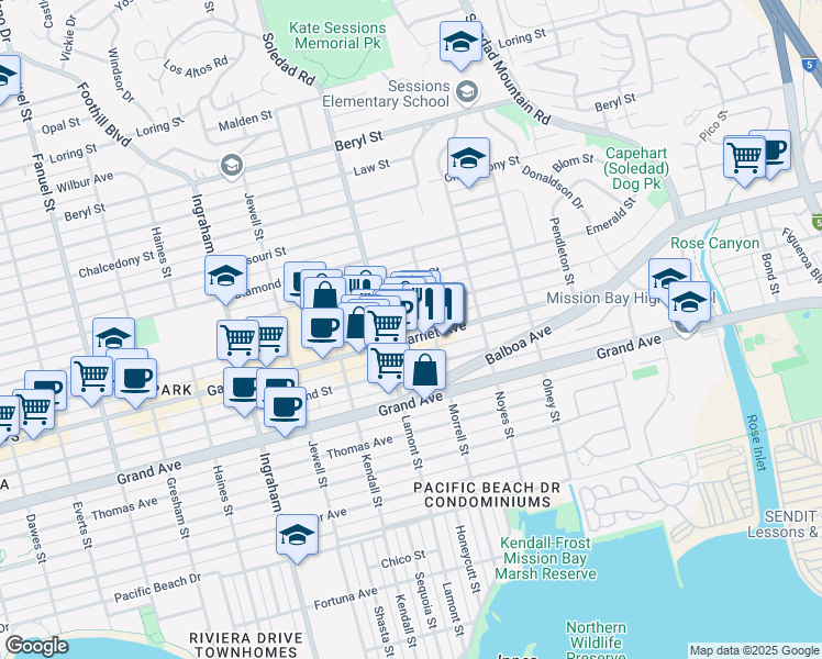 map of restaurants, bars, coffee shops, grocery stores, and more near 1940 Garnet Avenue in San Diego